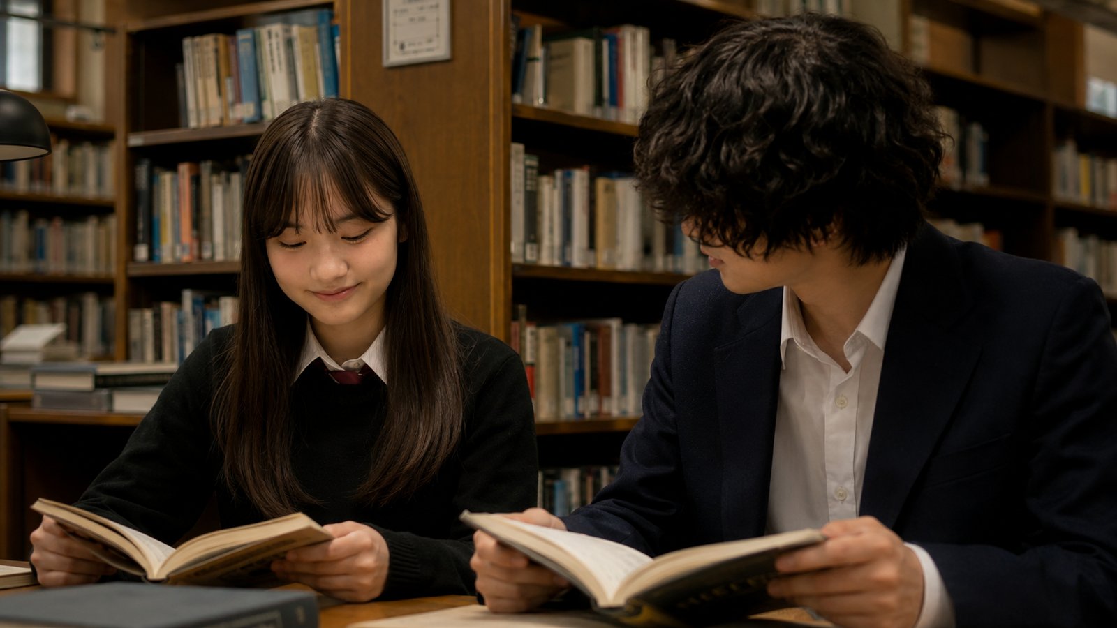 図書館で本を読む二人